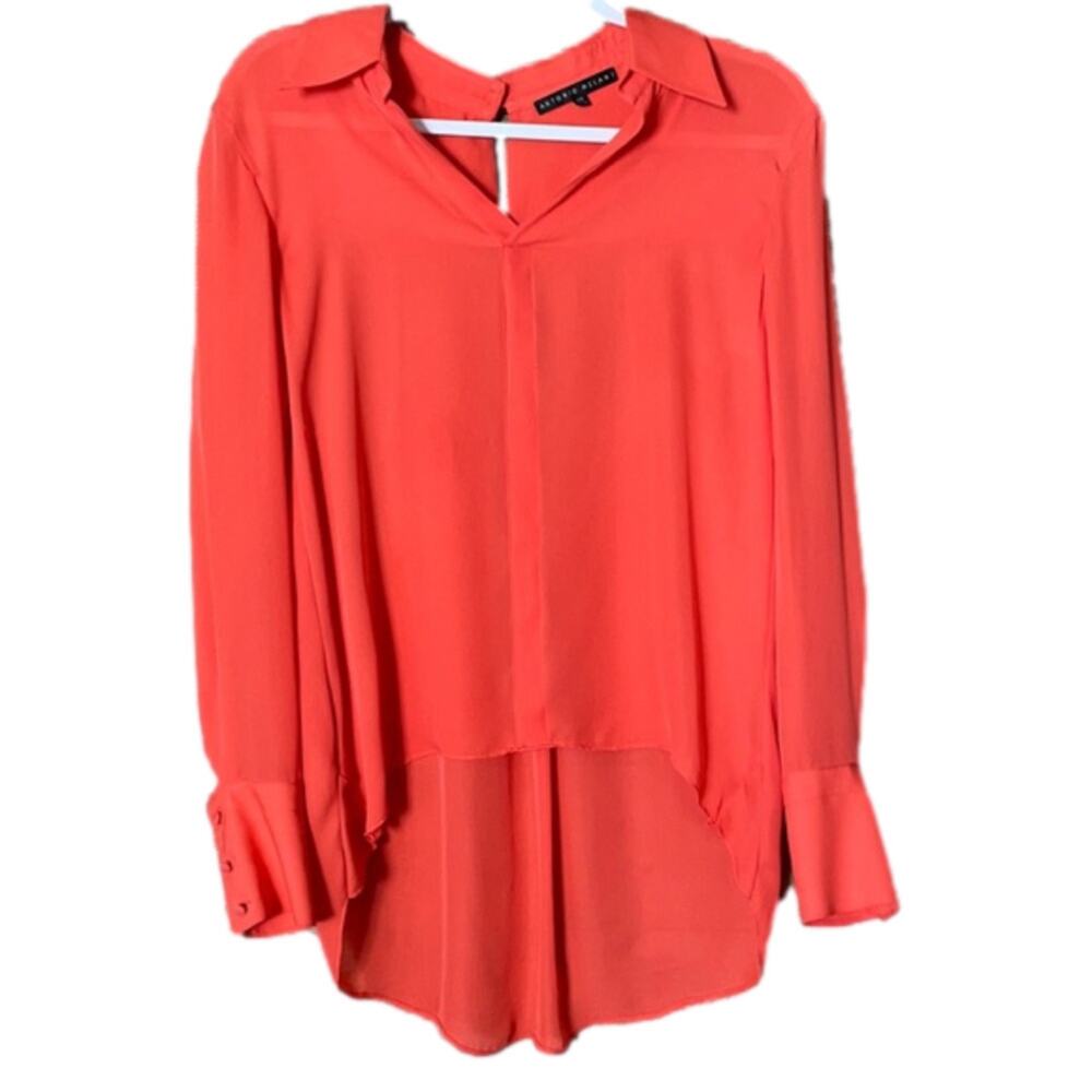 Antonio Melani 100% Silk Long Sleeve Collared Blouse Top Coral Pink Size XS